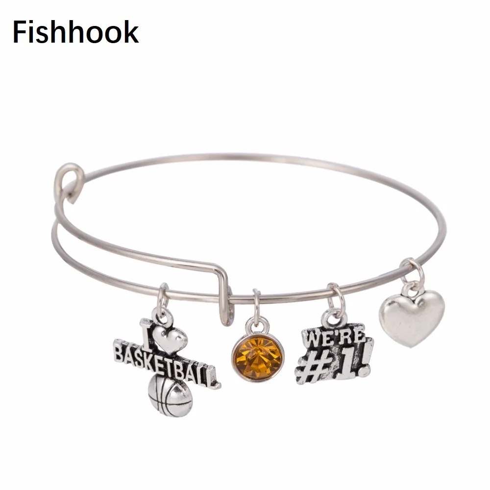 

Fishhook I love Basketball Sporty Charm Bracelet Stainless Steel Pendant Bangles Yellow Crystal Jewelry Bracelets for Men/Women