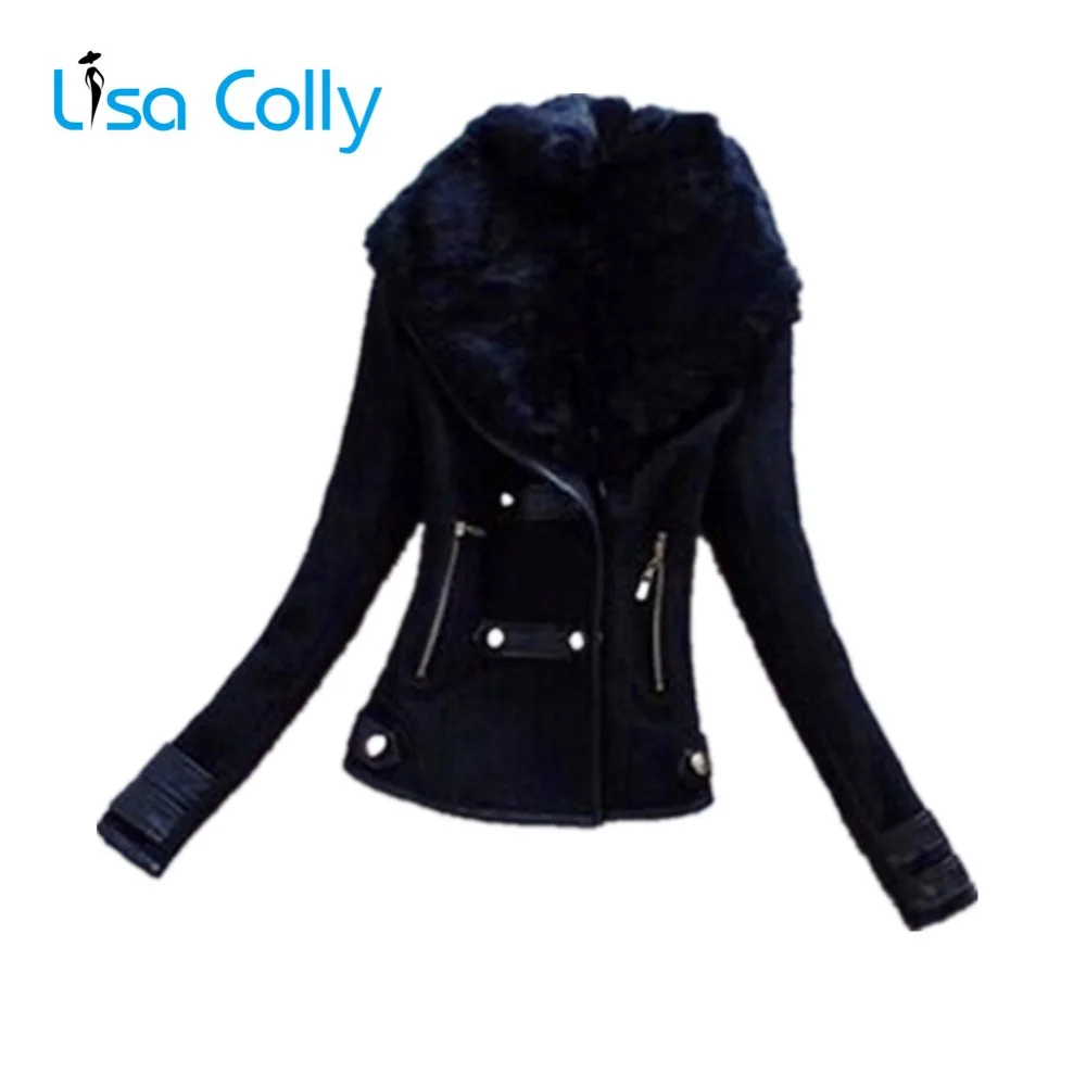 

Lisa Colly New Women Autumn Winter Lamb fur collar Coat Jacket Women's Black Woolen Coat Overcoat thick warm Long Outwear