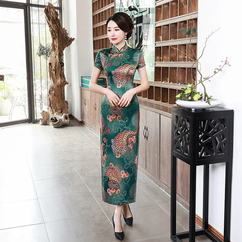 SHENG COCO женские элегантные платья Китайский Cheongsam длинное атласное платье Банкетный Ципао с цветами китайские платья Qipao Женская Роба в