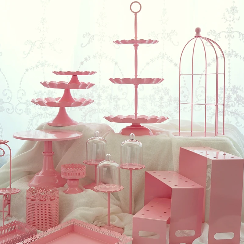 

Pink cake stand cupcake tray birdcage birthday cake tools home decoration candy bar dessert table party supplier