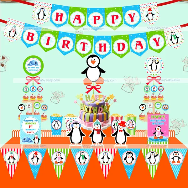 Enfants Bebe Douche Pingouin De Bande Dessinee Fete D Anniversaire A Theme Bruant Joyeux Anniversaire Banniere Guirlande Decorative Dessert Table Fournir Aliexpress