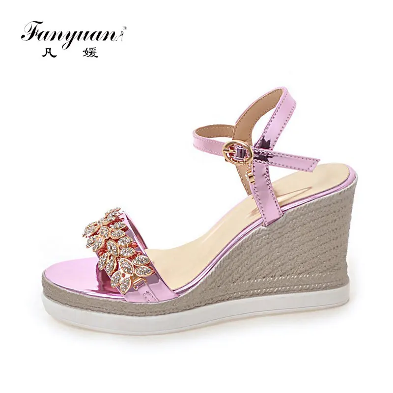 

Fanyuan Fashion Crystal Buckle Strap Sandals summer flower Platform shoes Women shoes Leisure Ankle Strap Wedges High Heels