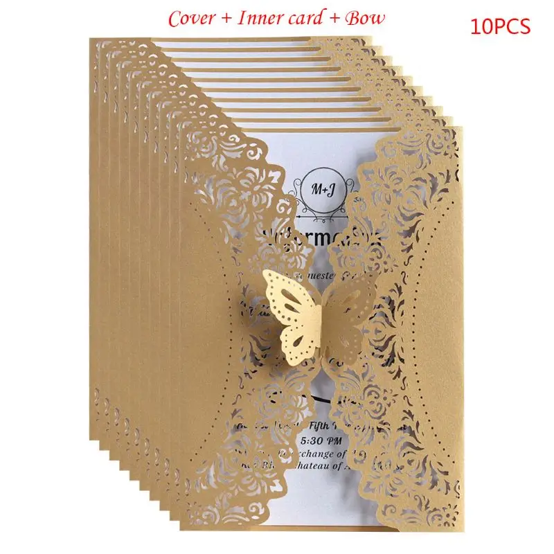  10pcs/set Glitter Laser Cut Lace Wedding Invitation Cards With Butterfly Bow For Wedding Bridal Sho - 33045668964