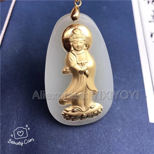 Подвеска с подвеской GuanYin из натурального белого нефрита + 18 к твердого золота