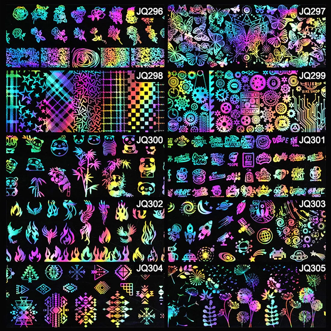 

Holographic Nail Foil Lucency Rose Panda Butterfly Space Pattern Laser Iridescent Nail Art Transfer Sticker Decal 10PCS 4*20cm