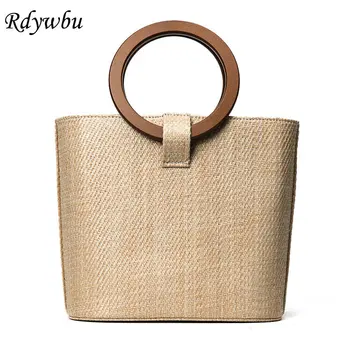 

Rdywbu Ring Wood Handle Tote Handbag Women Fashion Straw Weave Shoulder Bag Girls New Drawstring Small Crossbody Beach Bag B605