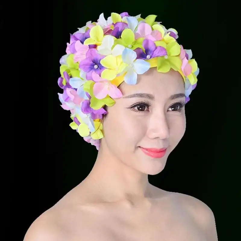 

Elastic Waterproof PU Fabric Long Hair Swim Pool Hat Ear Protection Swimming Caps 2019 Women elasticity Skid Casquette Flowers