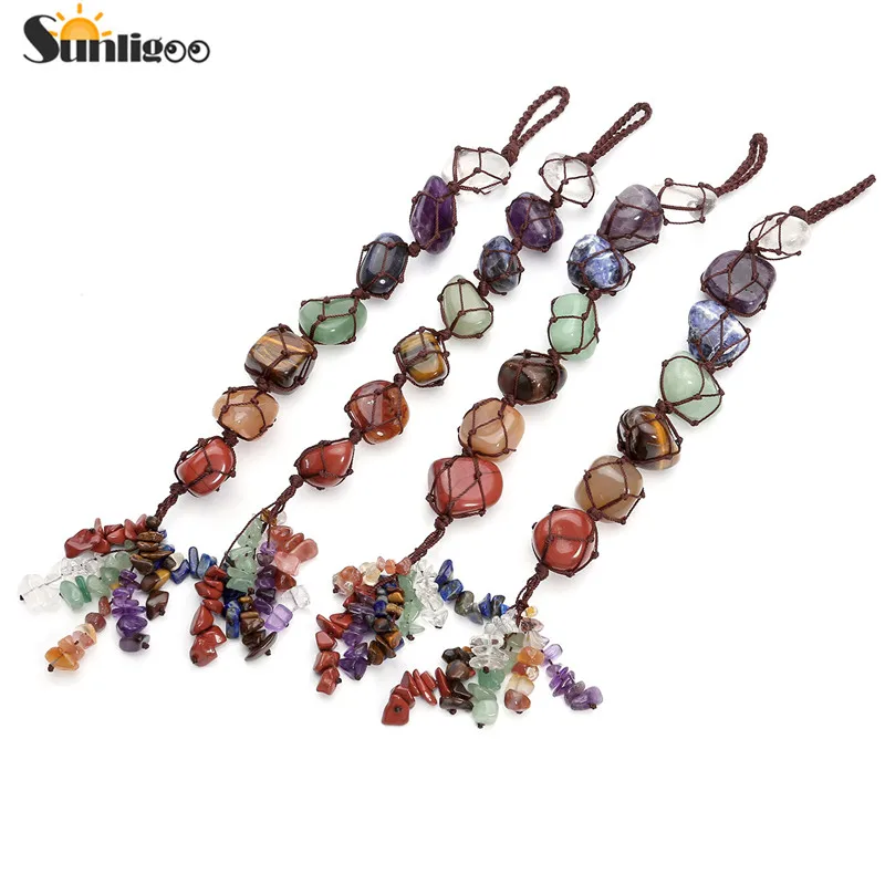 Billige Sunligoo 7 Chakra Getrommelt Edelstein Quaste Spirituelle Meditation Hängen Fenster Feng Shui Ornament Natürliche Steine Auto Home decor