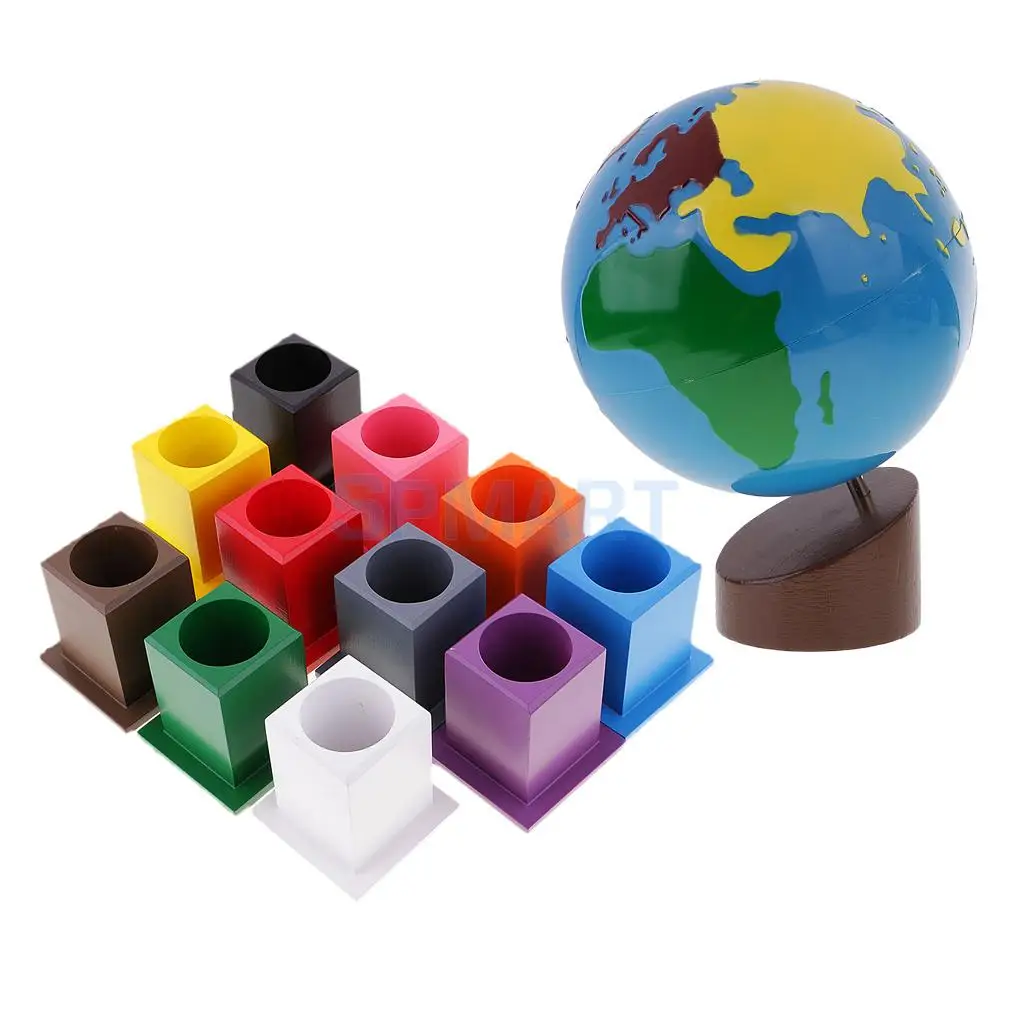 

11 Colored Pencil Holder+Geography Globe for Children Montessori Developing Wooden Toy