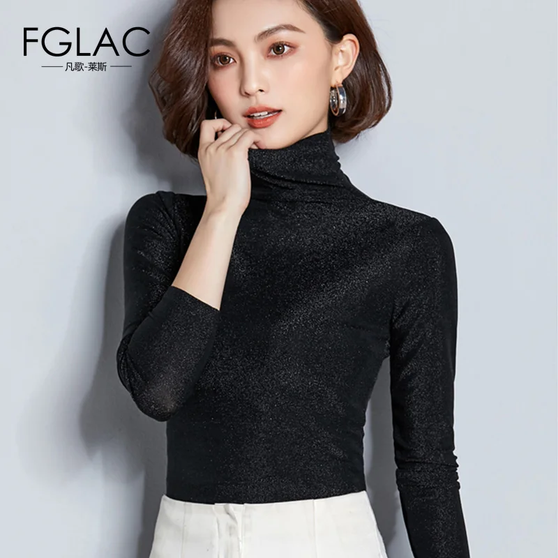 FGLAC Women t-shirts New Arrivals 2018 Autumn long sleeve Turtleneck Mesh tops Elegant Slim Solid color plus size women shirt