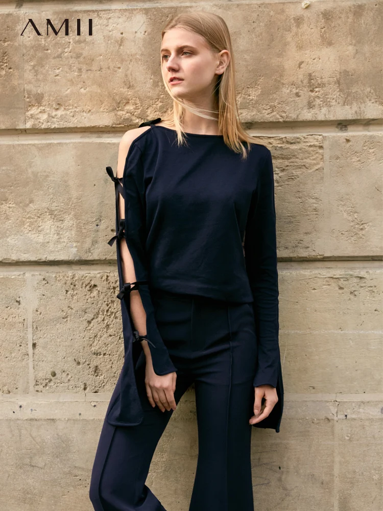 

Amii Minimalist Hollow Out Women Tops Spring 2019 Causal Patchwork Bow Lace Up Slash Neck Sexy Female T Shirts Tops