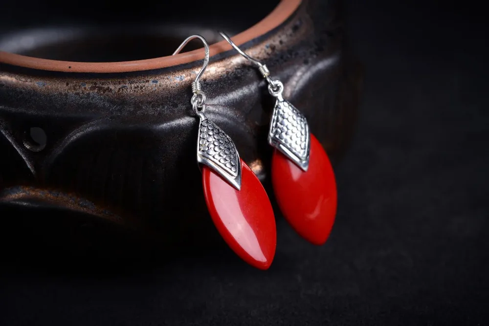 

Jewelry gift Green Natural stone Vintage 925 Silver & Marcasite Red Coral Ear Brincos Ohrringe Sterling Silver Jewelry Earring