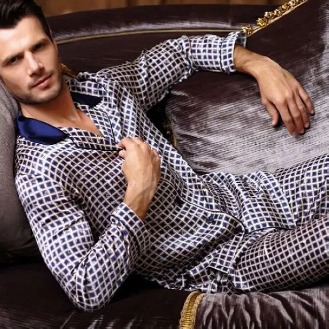Роскошная мужская шелковая атласная пижама, комплект одежды для сна США, M, L, XL с длинными рукавами синего цвета - Цвет: Синий