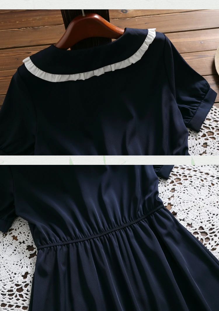 Mori girl элегантное платье миди Летняя мода воротник Питер Пэн короткий рукав винтажное платье женское однотонное платье