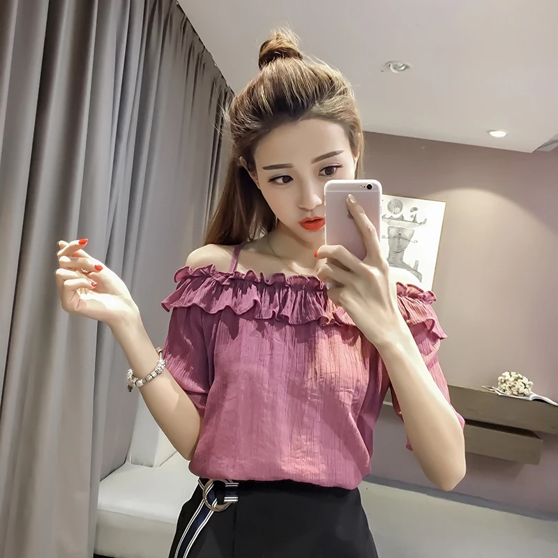 

New Summer Women Shirts Ruffles Slash neck Chiffon Shoulder Sleeve Blouse Shirt White Purple Blue Yellow 872