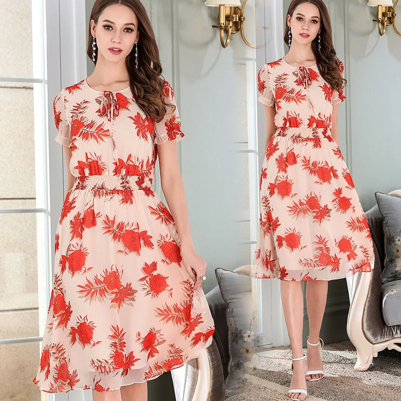 Moda de verano 2018 de gasa floral de talla grande para mujer elegante elástico de la cintura apretada vestidos casuales M XXXXXL 5XL|Vestidos| - AliExpress