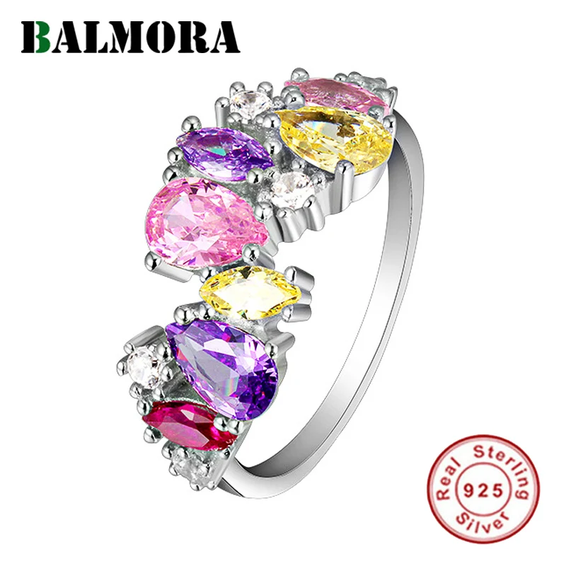 BALMORA 925 серебро Циркон в виде капли воды Открытые Кольца для женщин красочное кольцо вечерние подарок модные ювелирные изделия Anillos JWSR1108C