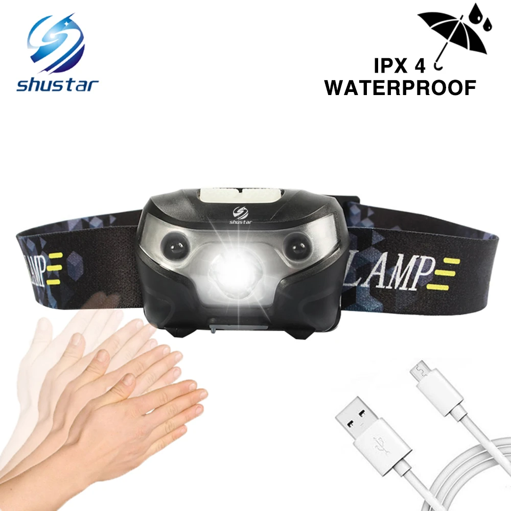 Rechargeable LED headlamp Sensor switch headlight waterproof Super bright 4  lighting modes fishing headlamp with USB cable
