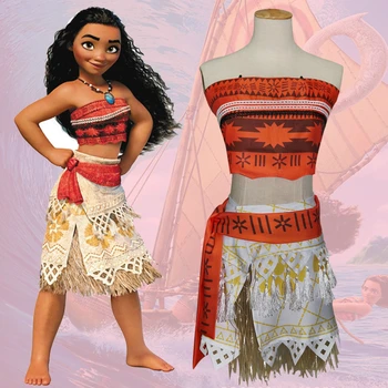 

Women Dress Cosplay for Moana Princess with Wigs Free Send Necklace Vestido Anime Halloween Costume for Adult Children Baby Girl