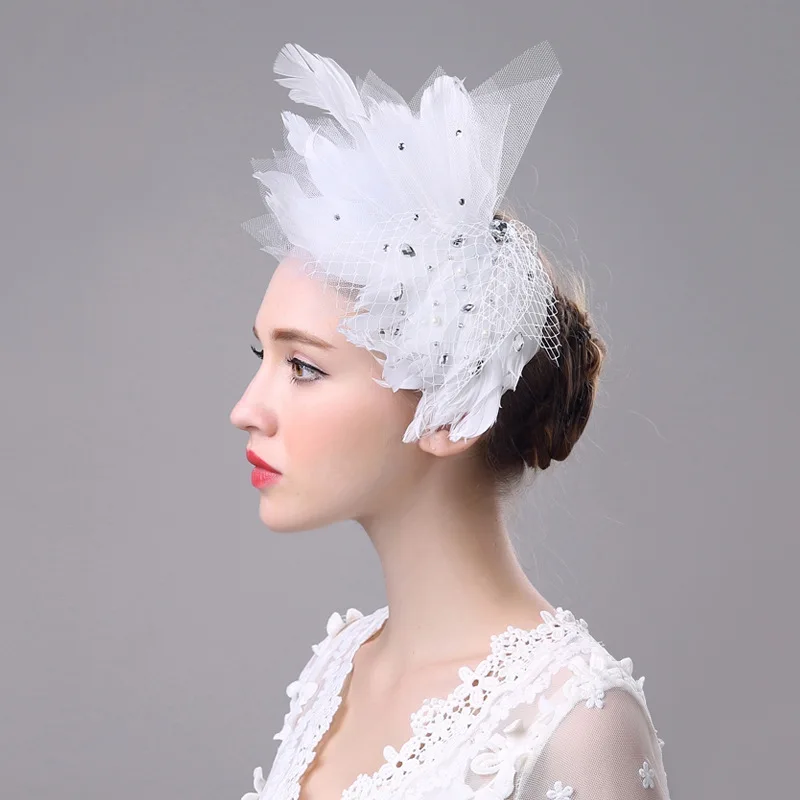 JaneVini/модные белые свадебные шапки для женщин, сетчатая шапка из бисера и перьев, фатиновая вуаль для невесты, головной убор, Tocados De Novias