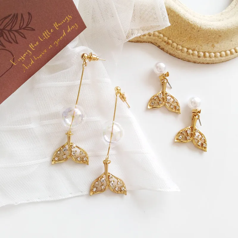 

Timlee E199 New Originality Cute Hollowing Out Fish Tail Rhinestone Imitation Pearl Metal Drop Earrings Sweet Jewelry Wholesale