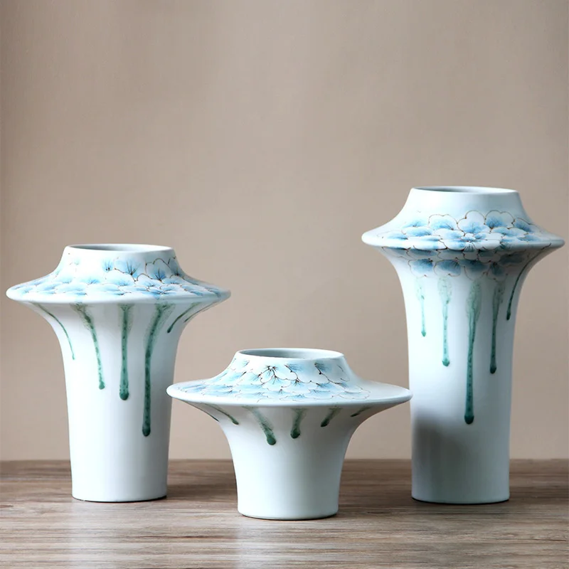 Uneven Leaking Effect Glazed Ceramic Porcelain Tabletop Vase Set (3 Pcs