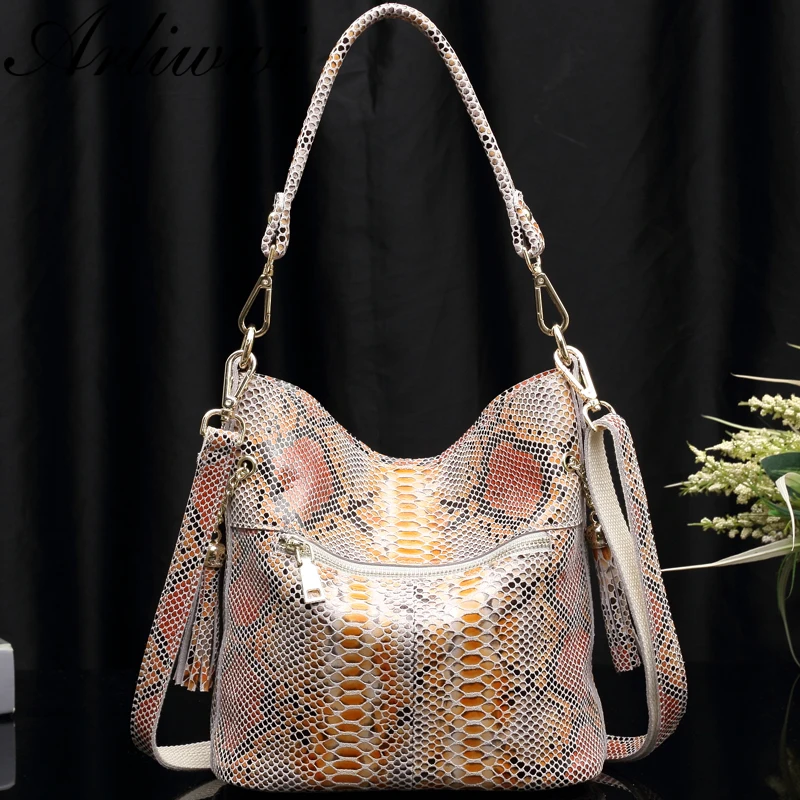  Arliwwi Real Leather Woman Snake Skin Hand Bags Luxury Designer 2 tone Colors Ladies Fashion Should - 32963084009