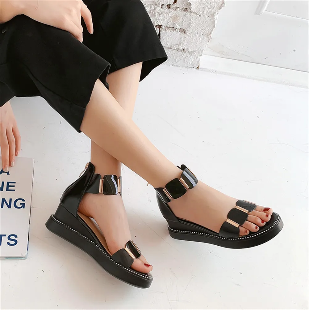 

Fashion women's Patent Genuine Leather Wedges Ladies High Heels Shoes Woman Comfortable Summer Sandals Women Shoes