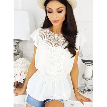 

Womens Tops and Blouses Summer 2019 Elegant Office Lady Korean Blouse Vintage White Lace Blouse Hollow Out Ladies Tops Clothing