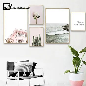 

Nordic Landscape Pink Wall Art Print Architectural Ocean Waves Canvas Poster Minimalist Painting Scandinavian Decoration Picture