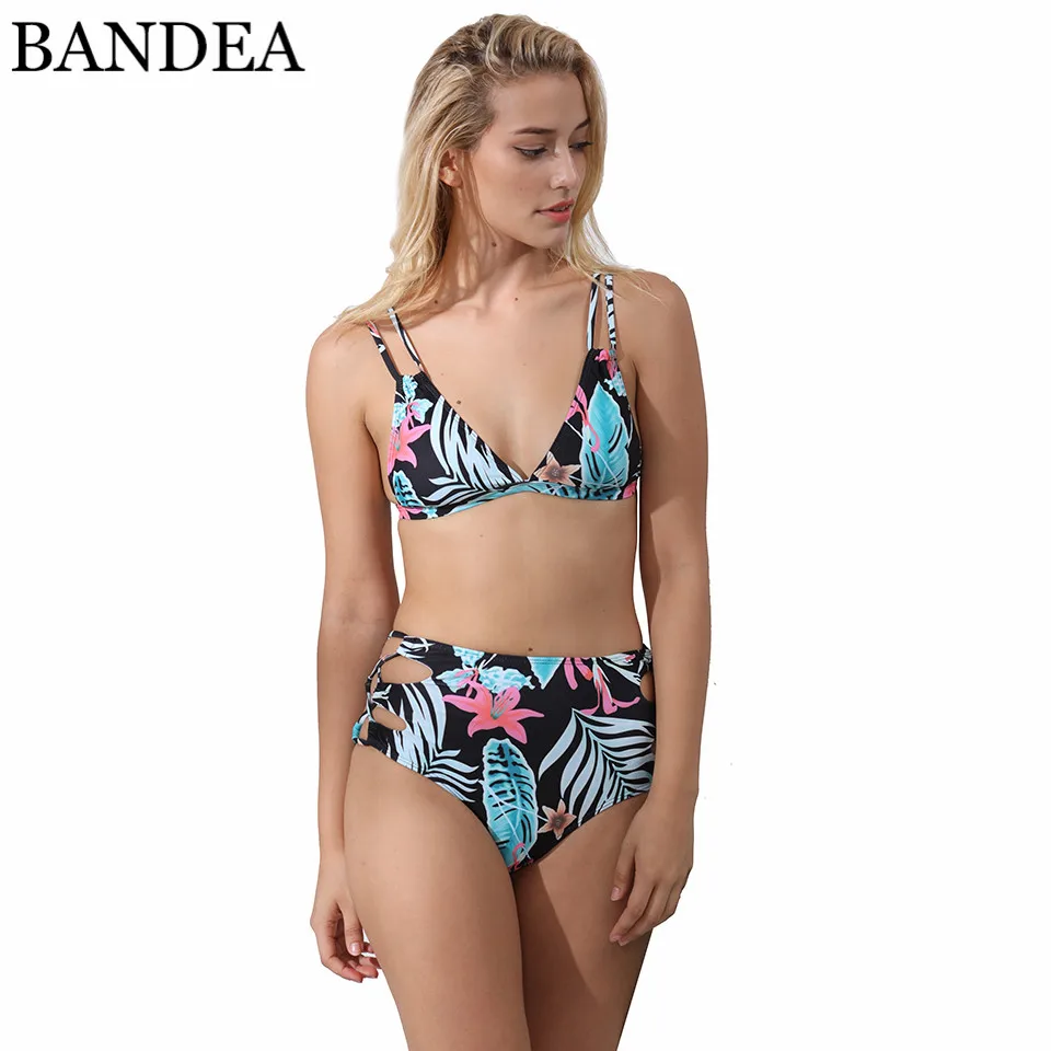 

BANDEA Sexy High Waist Bikini Women Vintage Floral Print Swimwear Summer Bandage Swimsuit Cut Out Bathing Suit Brazilian Biquini