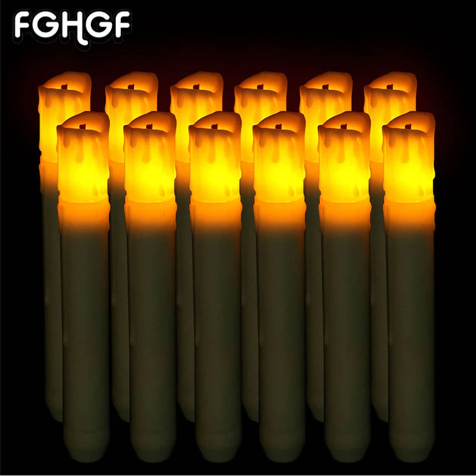 12Pcs Yellow Flameless LED Taper Candles Flickering Plastic Strip