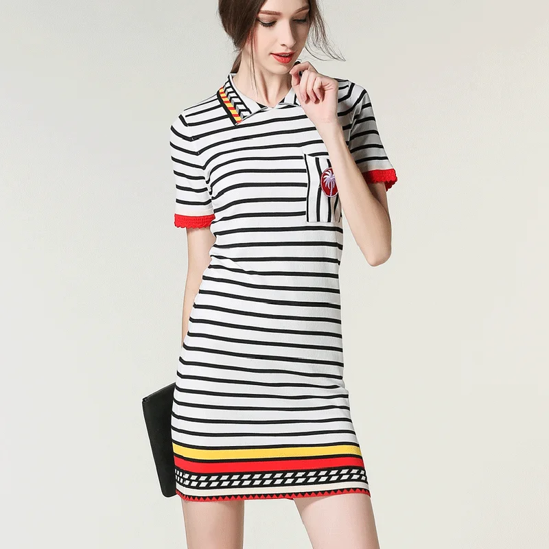 Runway Dresses Sen female summer new classic POLO collar short-sleeved black white striped dress woman Cubs SK-007