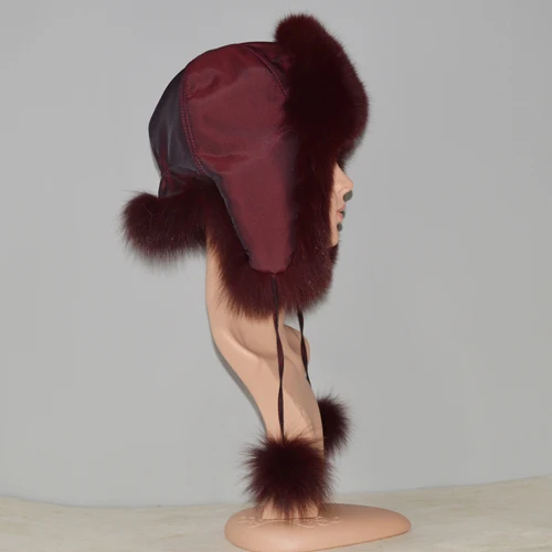 Новое поступление, меховая шапка для женщин из енота, лисы, меховая русская ушанка, зимние толстые теплые уши, модная шапка-ушанка - Цвет: wine
