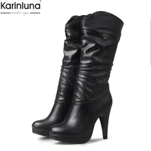 Karinluna/ г. Прямая поставка, большой размер 32-46, женская обувь на высоком каблуке в стиле ретро женские ботинки до середины голени на платформе женская обувь