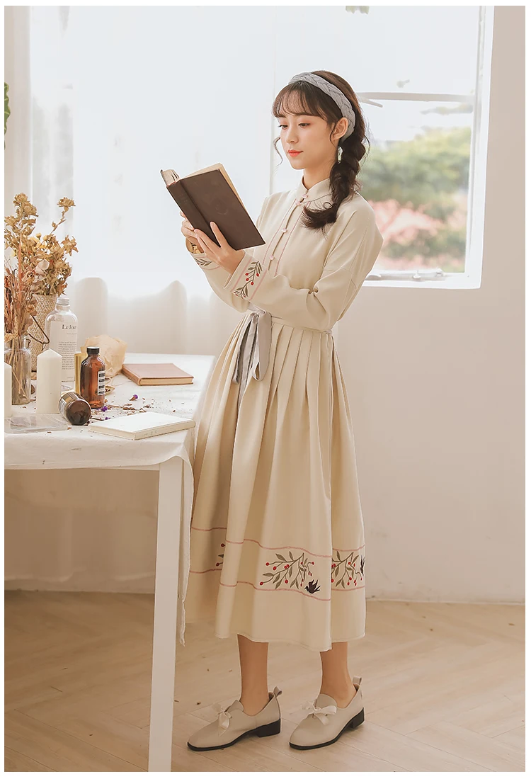 Женское элегантное платье в японском стиле Mori Girl на весну и осень с цветочной вышивкой в виде птиц, плиссированное платье на талии, винтажные Длинные вечерние платья, милое платье