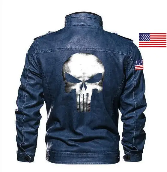 

Fashion Superhero Punisher Shantou Hoodie Leather Jacket Slim Motorcycle Leather Men's Jacket Brand Clothing + Epaulettes