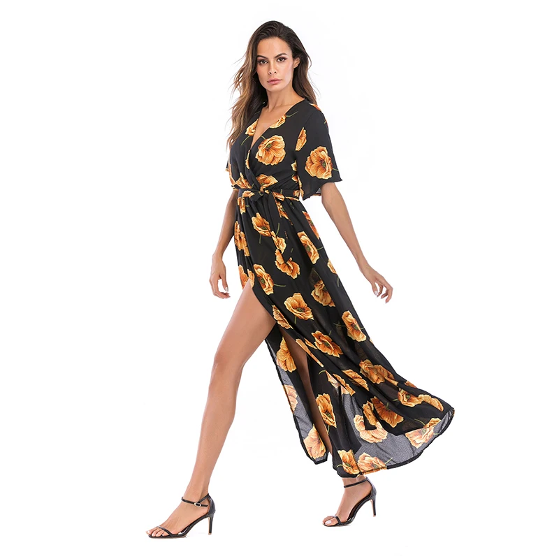 2018 Summer Print Sexy Lace Up V-Neck Women Maxi Dresses Summer Split Backless Beach Vestidos Boho Ankle-Length Dress Dresses