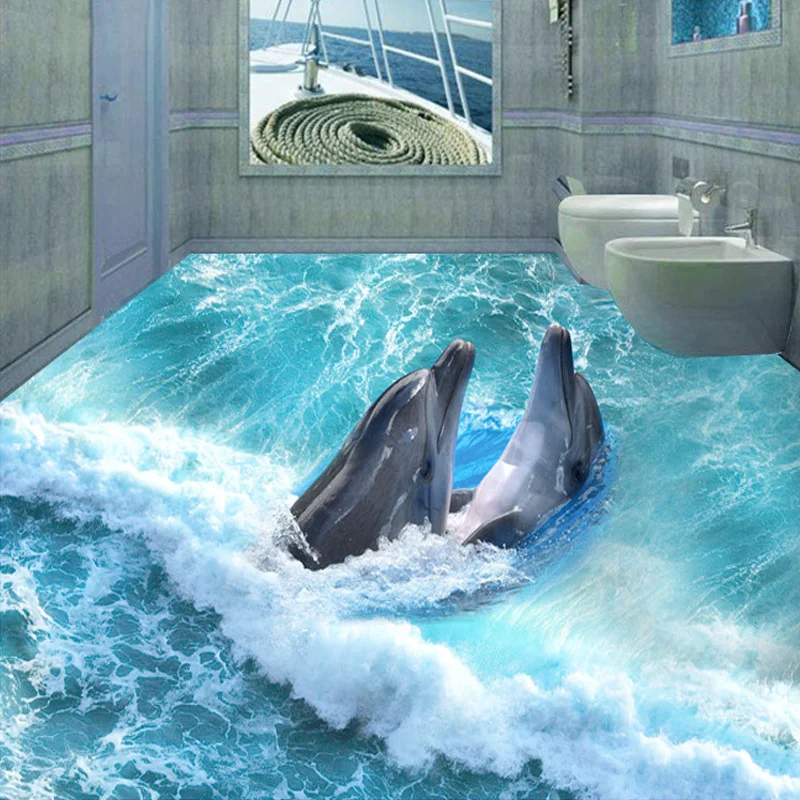 Индивидуальные Любой размер пол обои 3D стереоскопического Дельфин океан Ванная комната пол Mural самоклеящиеся Водонепроницаемый пол обои