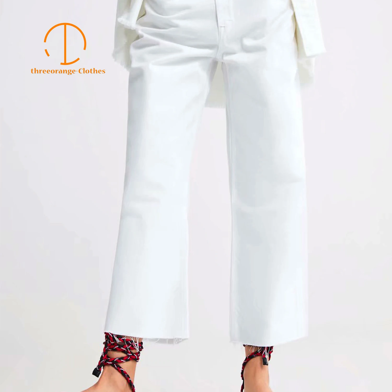 

Za White Wide trousers leg Summer ninth pants women rough selvedge tassels design Fall summer Casual Fashion long pants femme
