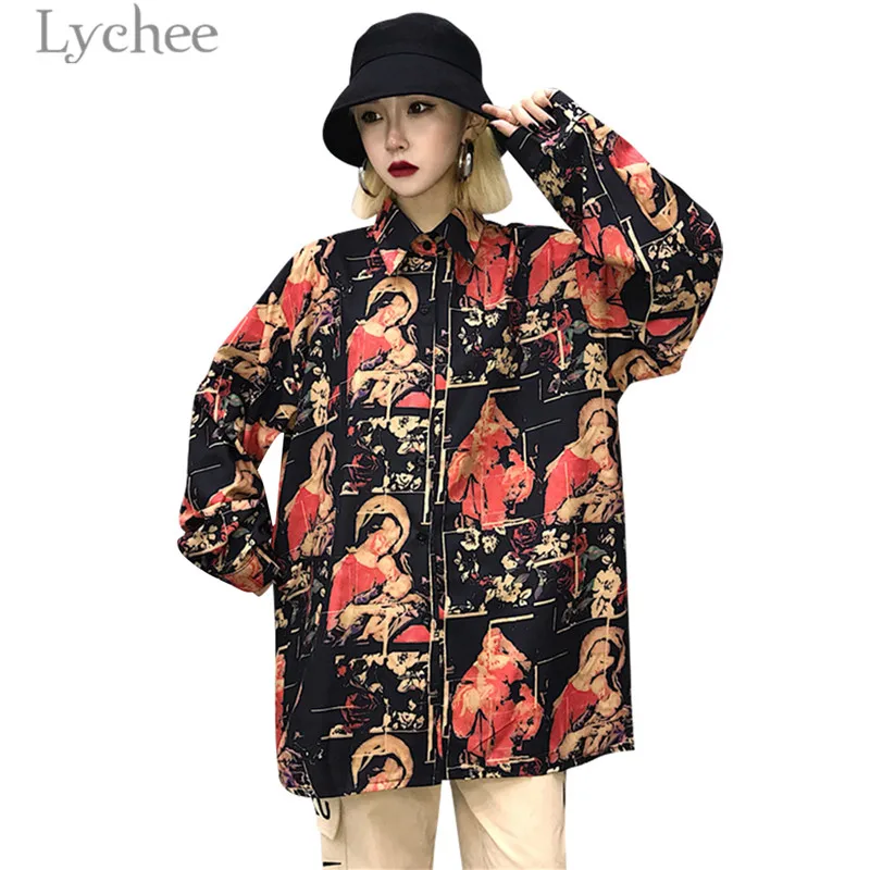 Женская блузка Lychee с принтом в стиле Харадзюку Повседневная Свободная рубашка