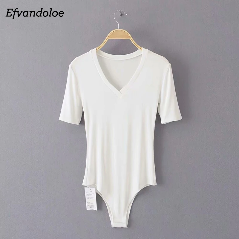  Efvandoloe Women Bodysuit V Neck Jumpsuit body femme romper Sexy bodies ladies Short Sleeve Knitted