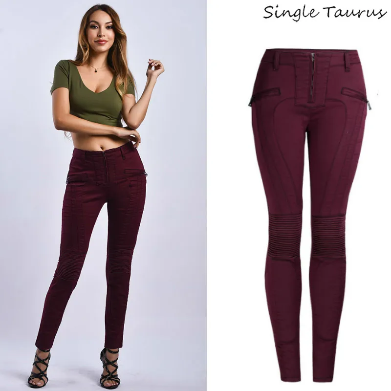 

Super Moto Biker Skinny Jeans Women Fashion Wine Red Zippers Fly Denim Pants Mujer Slim Elasticity Streetwear Vaqueros Mujer
