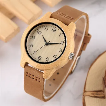 

Simple Elegant Exquisite Hand-made Bamboo Quartz Watch for Women Trendy Casual Wooden Wristwatch with Genuine Leather Watchband