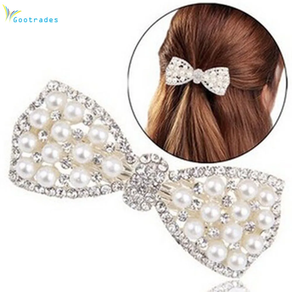 

1pc Fashion Elgant Women Girls Crystal Bow Sliver Hair Clip Party Vaction Hairpin Barrette Pearl Head Ornaments 2017 Hot Sale