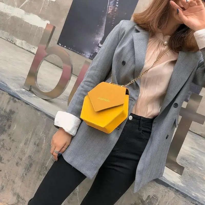

LJL-Fashion Women PU Chain Shoulder Bags Geometric Hexagon Polygon Casual Crossbody Bag Flap Hasp Chain