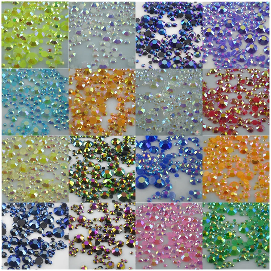 

500pcs mixed color & size 14 facets round jelly AB crystal resin rhinestone 2,3,4,5,6mm flatback phone decor nail art diamond