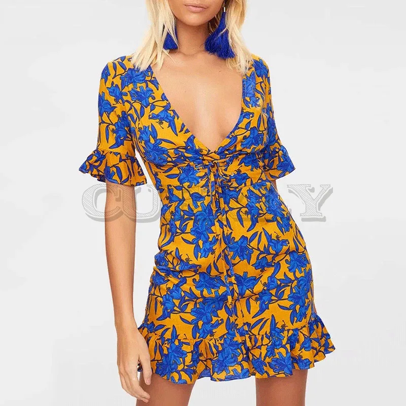 

Cuerly summer 2019 boho chic print dress women v neck lace up ruffle dress party club beach dress mini dress L5