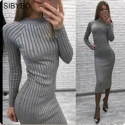 Sibybo Kintted Платья свитеры для женщин миди Bodycon Vestido осень зима 2018 О образным вырезом с длинным рукавом в рубчик повседневное девушка