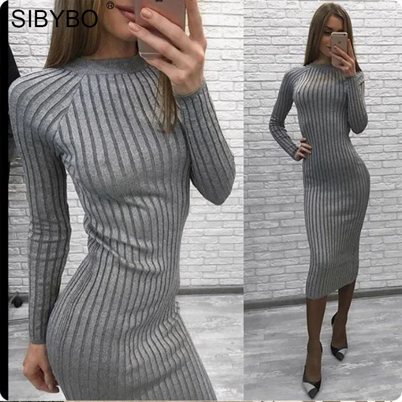 Sibybo вязаный свитер платье для женщин миди Bodycon Vestido осень зима 2018 O средства ухода